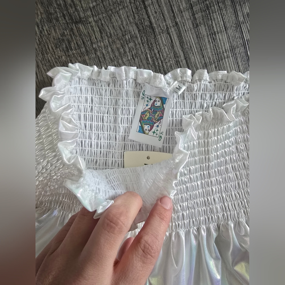 QUEEN OF SPARKLES White Iridescent Tube Romper Shorts - Picture 2 of 4